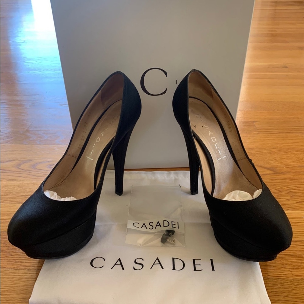 CASADEI Satin Triple Platform Pumps Black Slip On High Heels Shoes Size 37 US 7